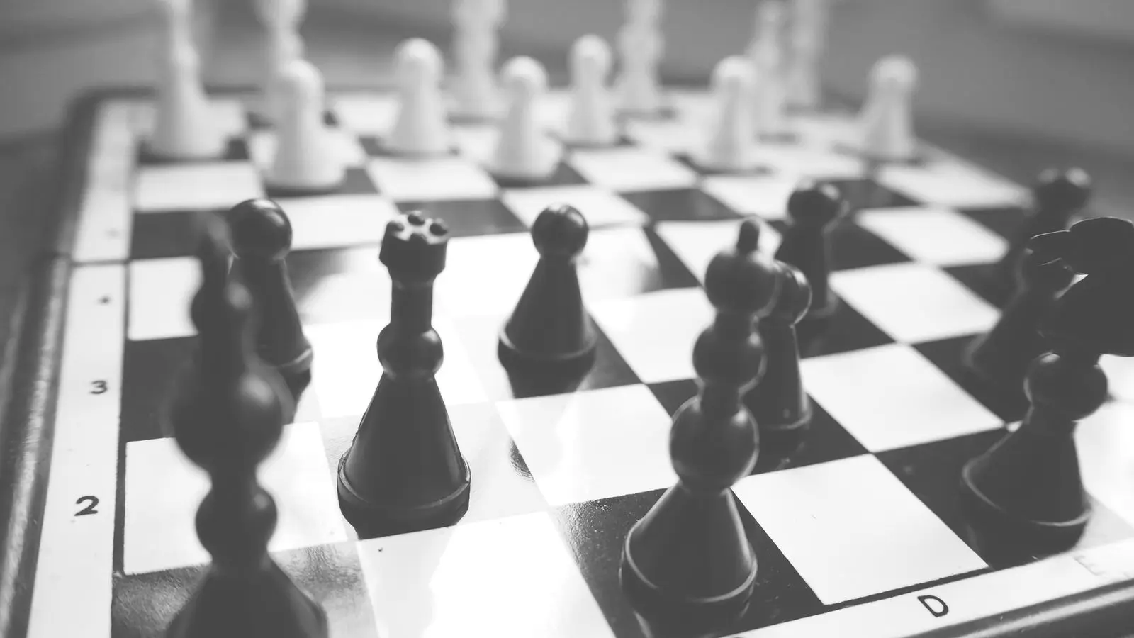 Close-up of chess pieces arrayed on a chessboard